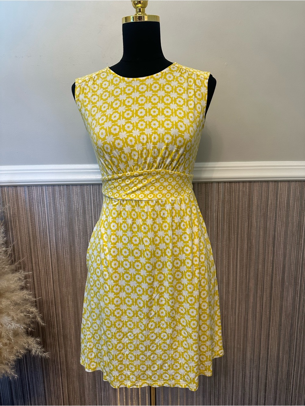 Boden Yellow White Floral Print Fit & Flare Dress Pockets Size US 2P